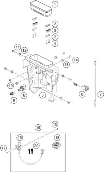 Explosionszeichnung der Baugruppe INSTRUMENTE / SCHLOSSSYSTEM, Position 2 ist markiert